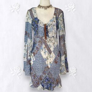 Faded Glory Boho Western Lace Up Blue White Patchwork Bell Sleeve Tunic Top S